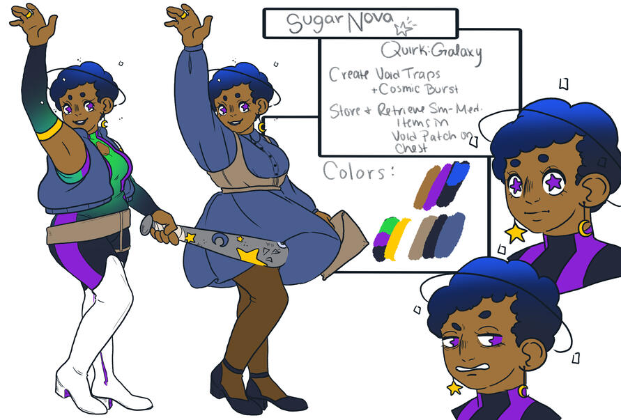Reference sheet for my character Sugar Nova in the setting of My Hero Academia.