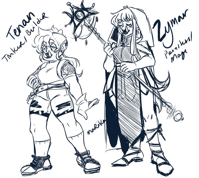 Two Orc design sketches. Tenan the Tinker and Zymar the priestess.